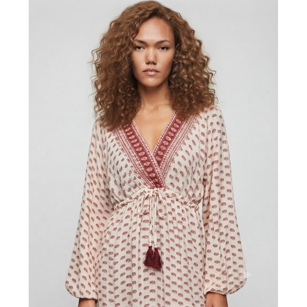 Angie Boho Border Print Empire Drawstring Tassel Tunic Top Batwing Sleeve Medium